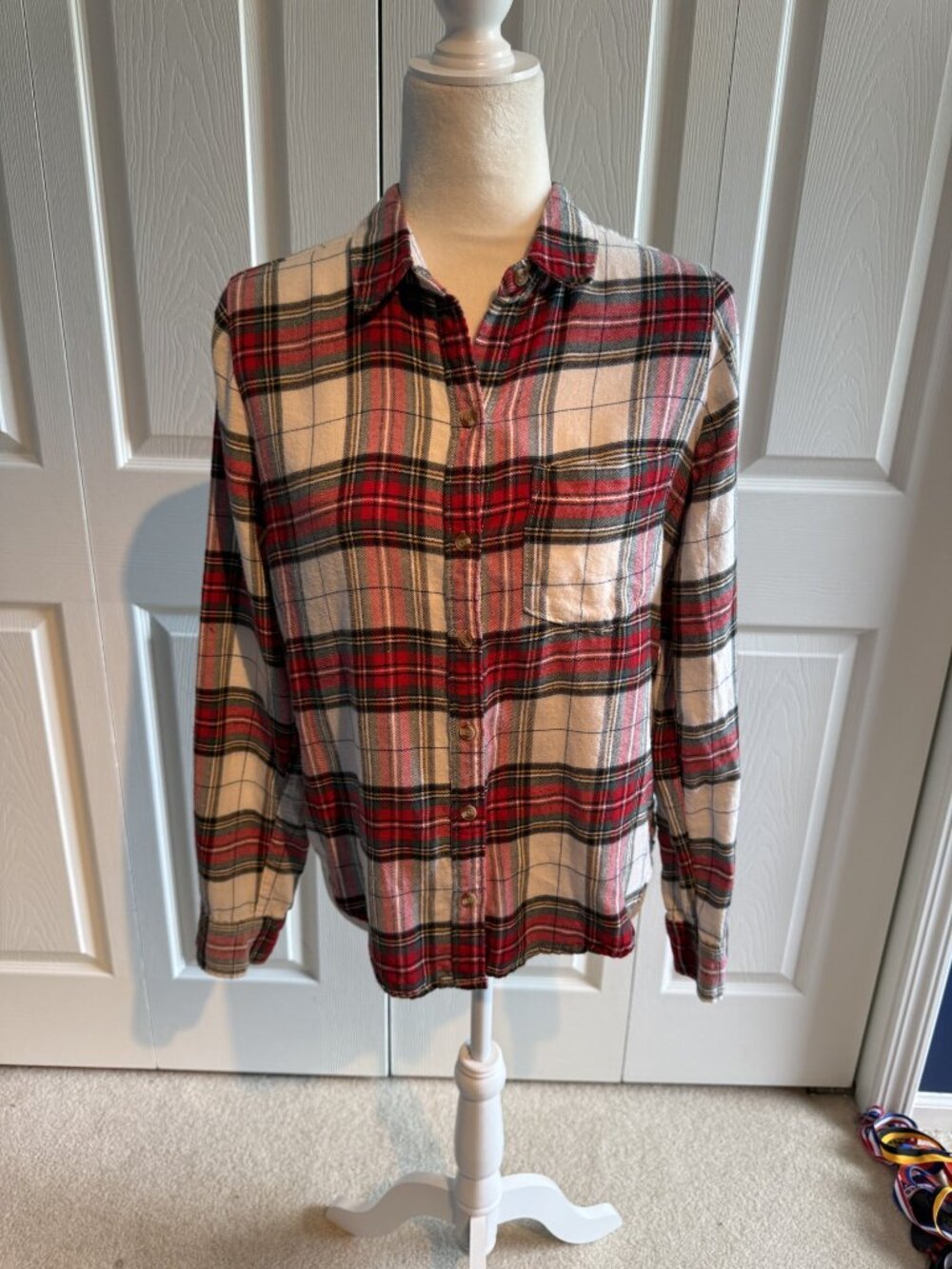 Abercrombie & Fitch Womens Long Sleeve Plaid White Red Flannel Shirt Size Medium